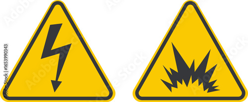 Foto Bundle set triangle safety sign electrical explosion danger, high voltage hazard, and electric shock caution symbol for workplace, factory, and industrial safety warnings