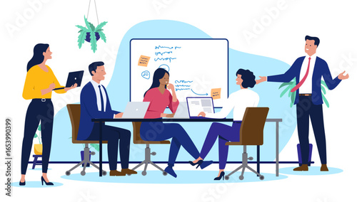 A diverse group of business people in an office meeting, with a presenter standing by a whiteboard and colleagues seated with laptops, flat design vector illustration