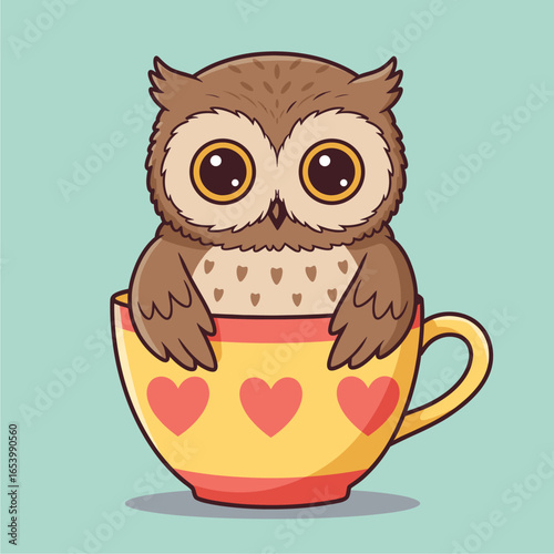 Cute Cartoon Owl Sitting in a Heart-Decorated Teacup on a Light Blue Background, Adorable Animal Illustration