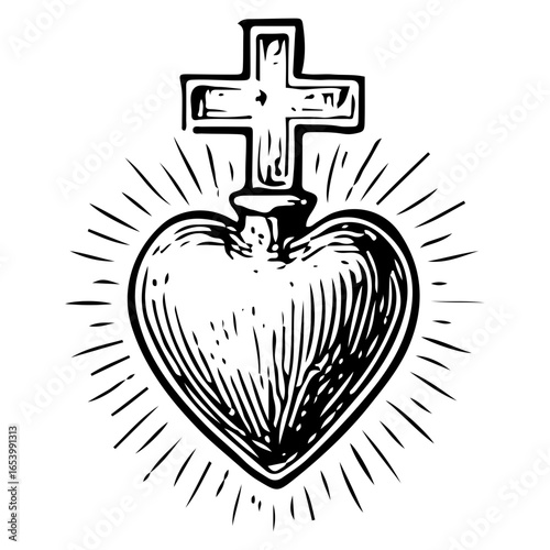 Vintage Sacred Heart with Cross Radiance, Black and White Art