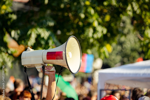 Big megaphone at protest against the government in Serbia