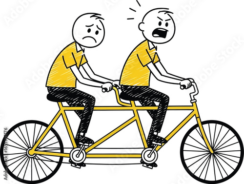 Tandem bike stick figures angry sad cycling together cartoon