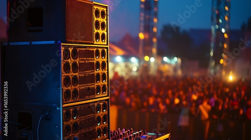 Large power amplifier in a DJ booth at a music festival glowing under the stage lights connected to multiple speakers delivering booming bass and clear sound to energize a crowd of excited music fans