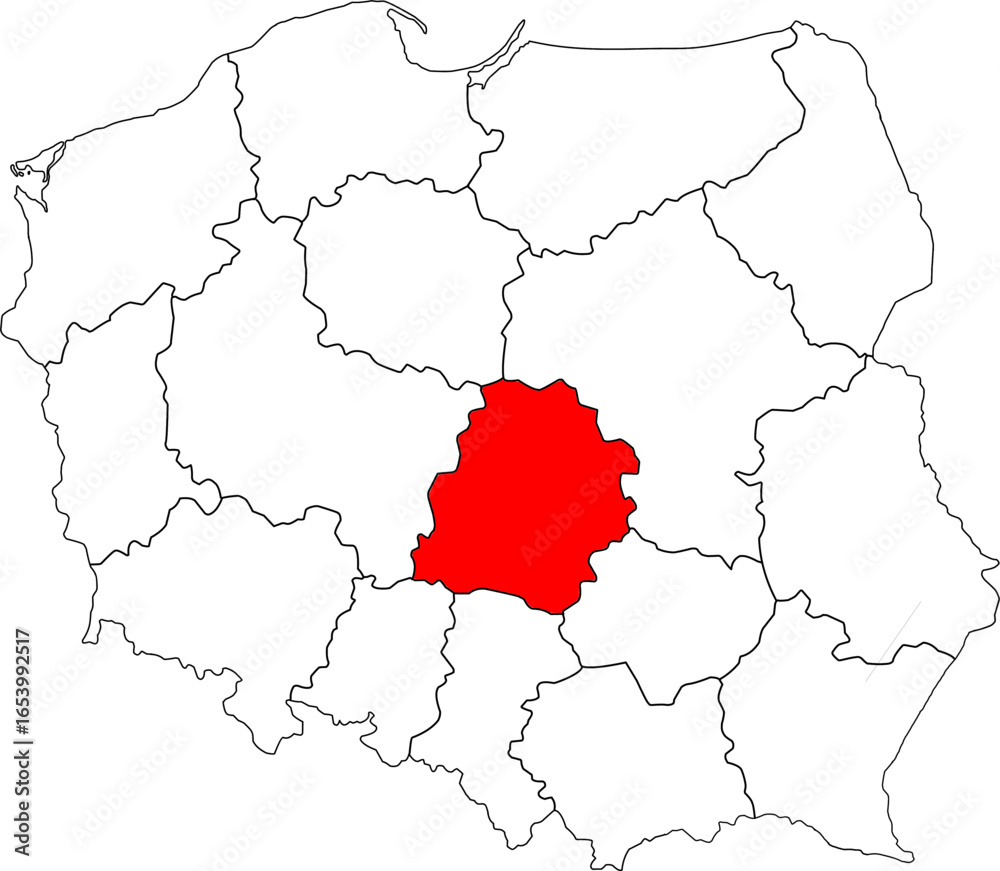 Obraz premium Map of Poland with Łódź (Łódzkie) Voivodeship highlighted. A detailed vector for geographic, administrative, and regional analysis. Perfect for educational and industrial projects.