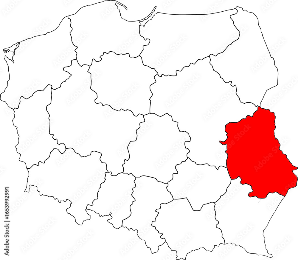 Fototapeta premium Map of Poland with Lublin (Lubelskie) Voivodeship highlighted. A detailed vector for geographic, administrative, and regional analysis. Perfect for educational and historical projects.