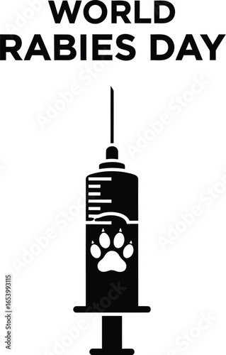 Illustration of a syringe with a paw print for world rabies day, promoting vaccination and prevention