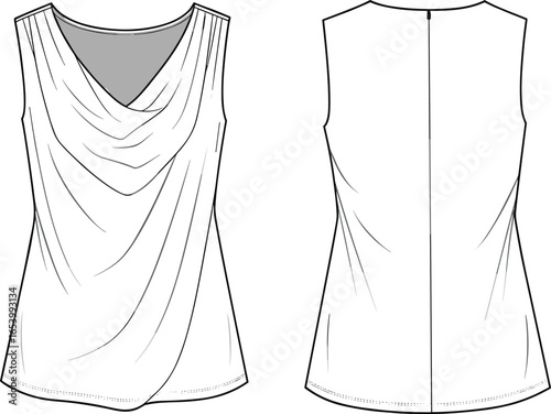 Sleeveless top, cowl neck, fashion flat sketch, front and back view, vector template, sewing pattern, apparel design, garment drawing, stylish top, clothing illustration,