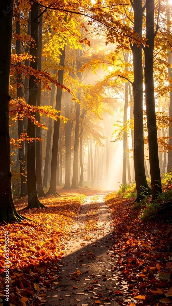 Fototapeta premium Golden Autumn Path: Sunlit Forest Road in Fall.
