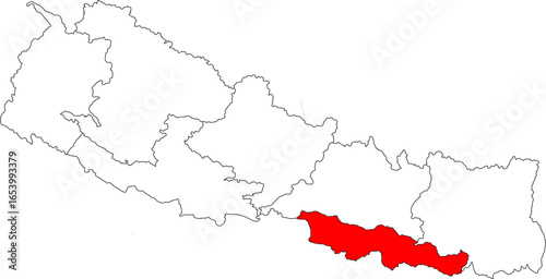 Map of Nepal with Madhesh Province highlighted. A detailed vector for geographic, administrative, and regional analysis. Perfect for educational and travel content.

