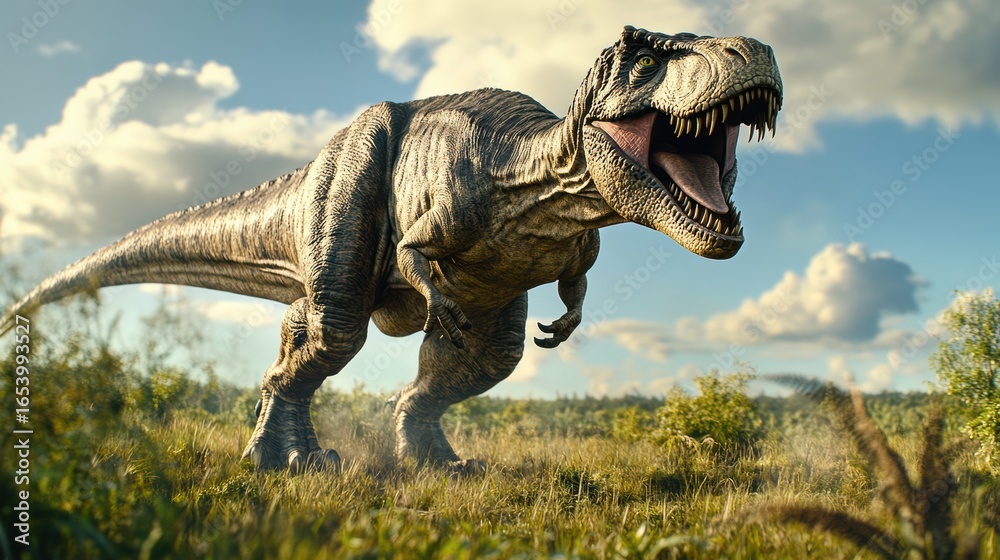 Fototapeta premium T-Rex roaring in open landscape 