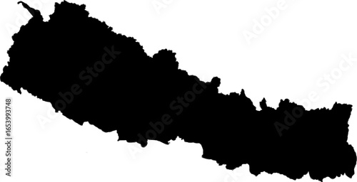 A clean black silhouette map of Nepal, offering a versatile design for geographic, educational, and minimalist projects. This simple vector is great for presentations and infographics.

