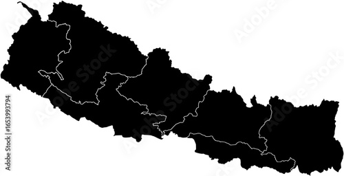 Striking black silhouette map of Nepal with all provincial borders clearly outlined in white. A clean and detailed vector for geographic and regional analysis.

