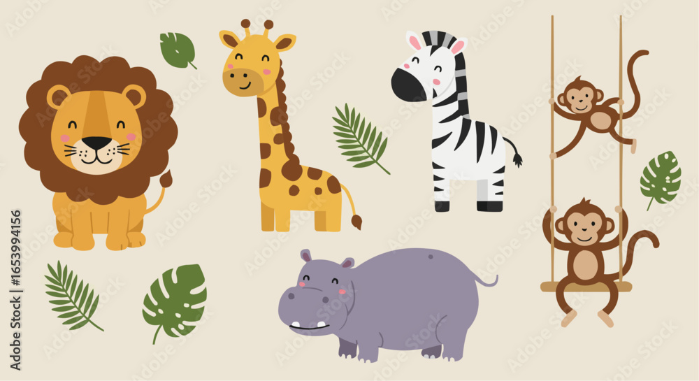 Obraz premium Adorable cartoon safari animals: lion, giraffe, zebra, hippo, and monkeys playing on a swing, surrounded by tropical leaves.