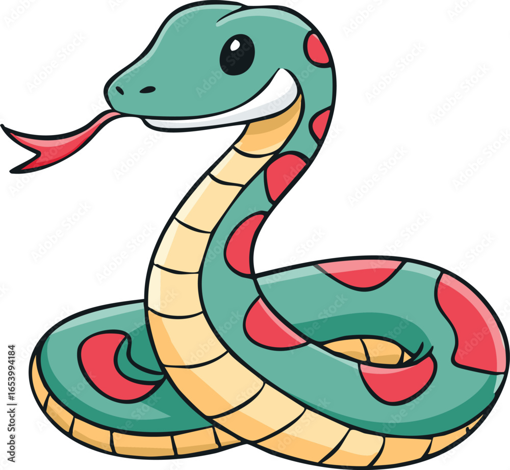 Fototapeta premium A cheerful cartoon snake with teal scales and red spots, curled in a friendly pose.