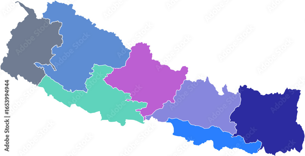 Naklejka premium A colorful map of Nepal with each provincial division in a different color. A vibrant vector for administrative, educational, and data visualization.