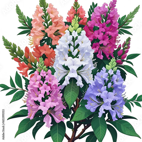 Colorful rhododendron flowers arrangement isolated on white background