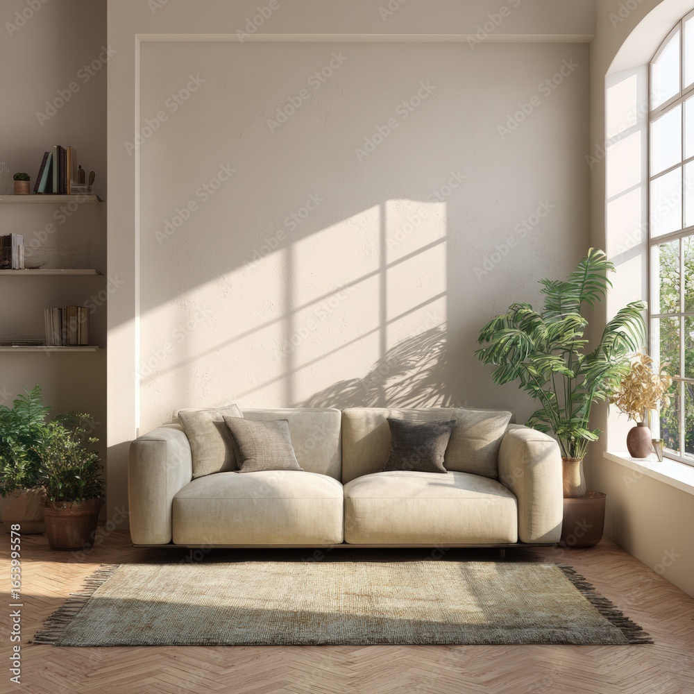 Naklejka premium Cozy living room featuring a light beige sofa with decorative pillows, surrounded by indoor plants and natural light streaming through large windows, creating a warm atmosphere