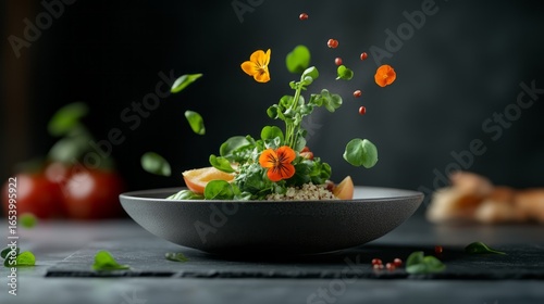 Vibrant and Fresh Garden Salad with Edible Flowers and Green Garnishes in a Dark Setting
