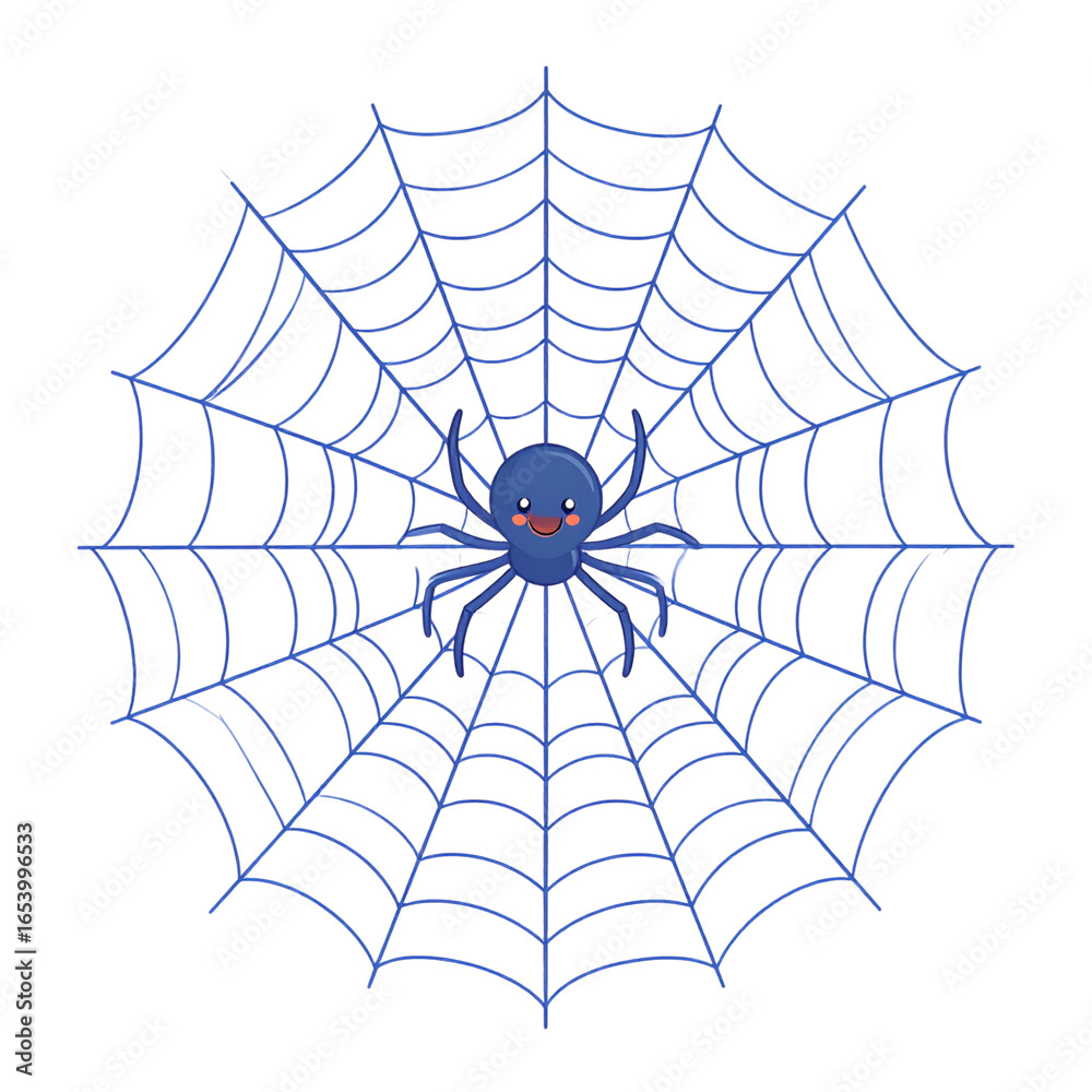 Obraz premium Animated Blue and White Cartoon Spider on a Web, Halloween Illustration on Transparent Background