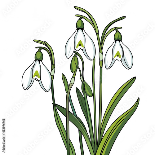 Illustration of a cluster of white snowdrop flowers isolated on white background
