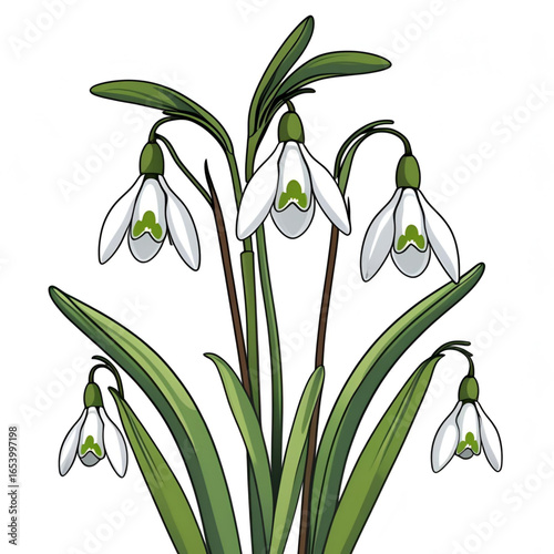 Cluster of snowdrop flowers isolated on white background