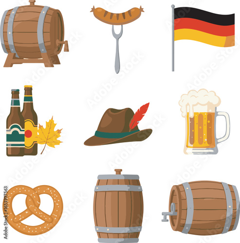 Oktoberfest vector set in 3x3 grid with beer barrel, sausage on fork, German flag, beer bottles, foam mug, autumn leaf, Bavarian hat, and pretzel in flat cartoon style on white background.