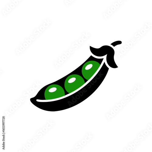 Vector icon, graphic image of a pea pod with three green peas, isolated on a transparent background.