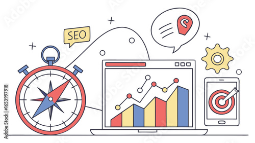 Seo strategy and marketing analytics concept with compass target and chart for business growth analysis