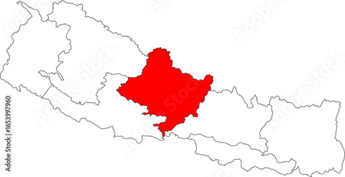 Map of Nepal with Gandaki Province highlighted. A detailed vector for geographic, administrative, and regional analysis. Perfect for educational and travel content.

