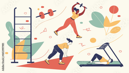 Fitness workout training exercise gym healthy lifestyle weightlifting cardio strength home workout illustration