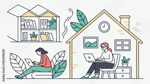 Remote work from home concept illustration showing people working on laptops in their houses vector art