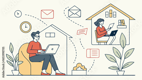 Remote work collaboration illustration showing people working from home on laptops and communicating online