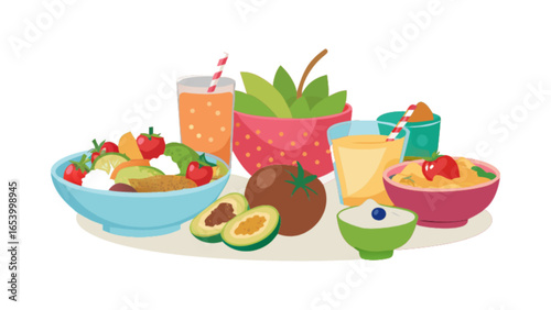 Healthy food and drink illustration featuring salad, juice, avocado, tomato and yogurt for diet plans