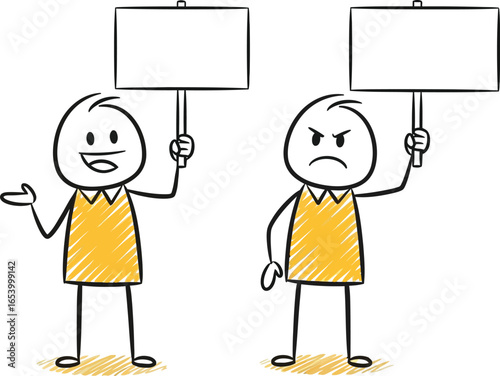 Stick figures protest sign angry happy demonstration cartoon