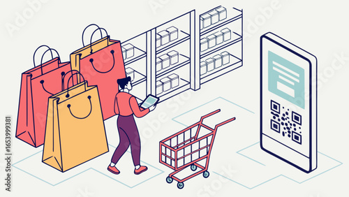 Online shopping retail experience with qr code scan and shopping cart for digital payments and checkout