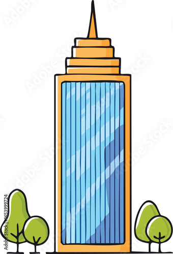Illustration of a tall skyscraper with a blue glass facade and orange trim, surrounded by green trees.