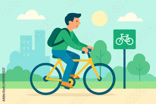 Flat illustration of a young man riding bicycle as sustainable and eco friendly transportation in the city.
