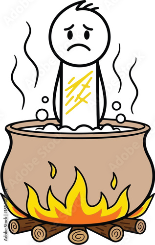 Stick figure in boiling pot cartoon danger hot water cooking