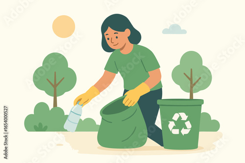 Eco illustration of woman throwing plastic bottle into recycle bin to support environment protection.