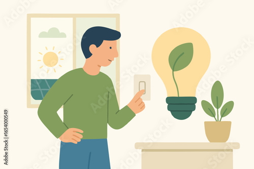 Eco lifestyle illustration of a man switching off light to save electricity and promote green energy awareness.