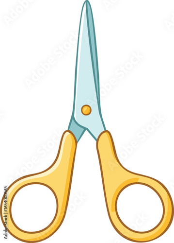 Illustration of open scissors with gold handles and silver blades against a white background.