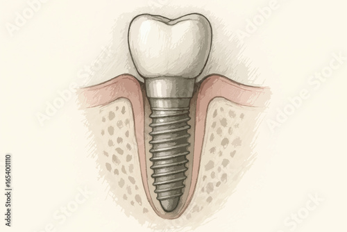 Vector-style hand-drawn dental implant illustration showing crown and screw in gum and jawbone, suitable for anatomical or educational diagrams.