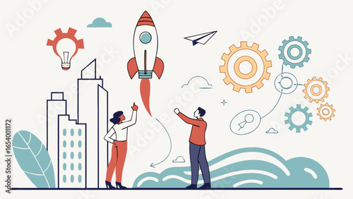 Business startup launching rocket with team collaboration and innovation for success strategy concept