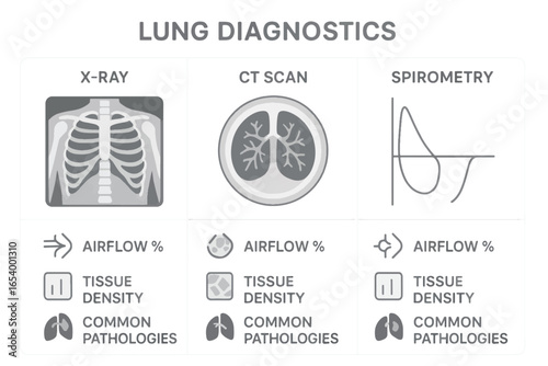 Vector comparison chart of lung diagnostics including X-ray, CT scan and spirometry, highlighting airflow, tissue density and pathology detection.