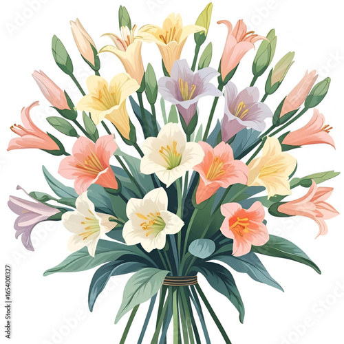 Beautiful bouquet of lilies in pastel colors isolated on white background