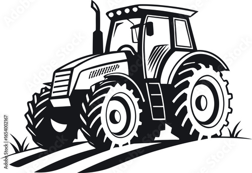Vector art of black and white illustration of a modern tractor in a field