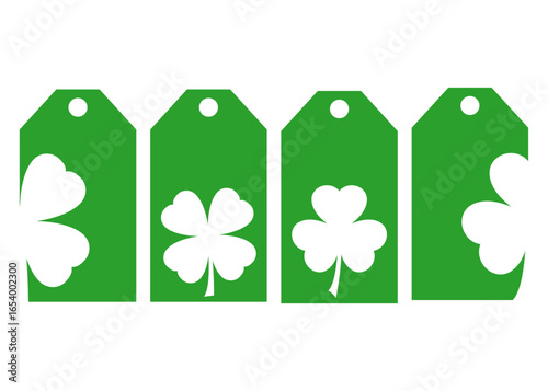 Set de etiquetas de precio con silueta de tréboles de 3 y 4 hojas en espacio negativo, para tarjetas y felicitaciones del Día de San Patricio