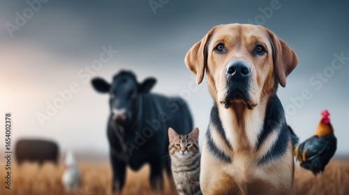 Dog farm animals in field at sunrise