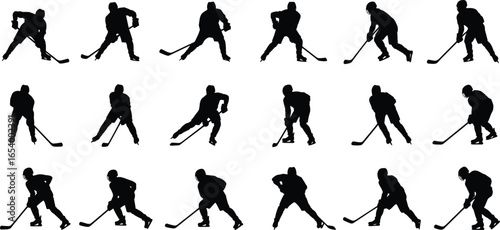 PrintSilhouettes of hockey players, action poses, ice skating, sports design, marketing material, hockey stick, game competition, dynamic movement, illustration resource