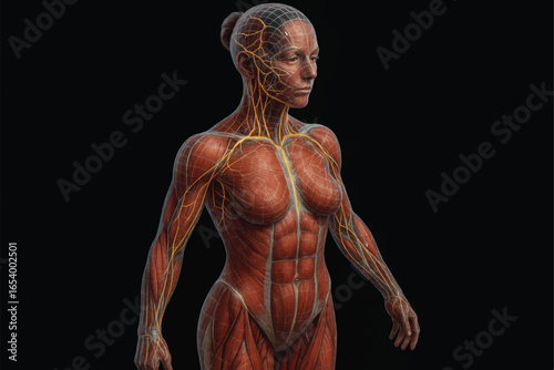 Detailed vector anatomy of female body muscles with highlighted nerves, medical illustration for physiology, clinical education and structural mapping.